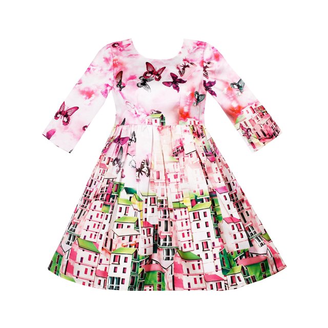 Girls Dress Satin Silk Butterfly City Building View Pink 5 Years