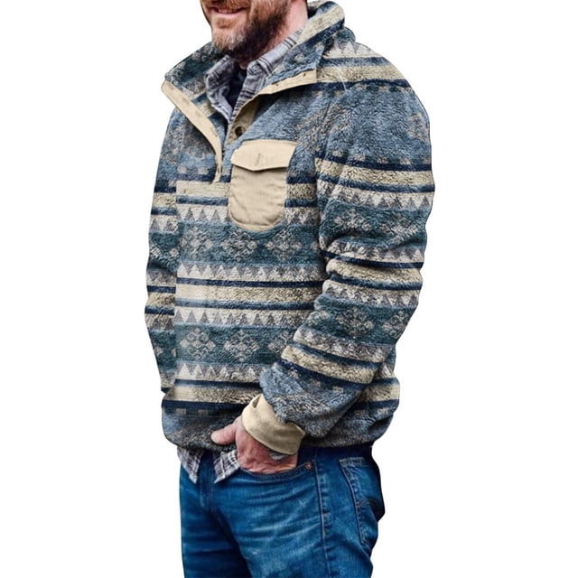 Men‘s Winter Fleece Pullover Sweatshirt Jacket Button Collar Warm Sweater Coat