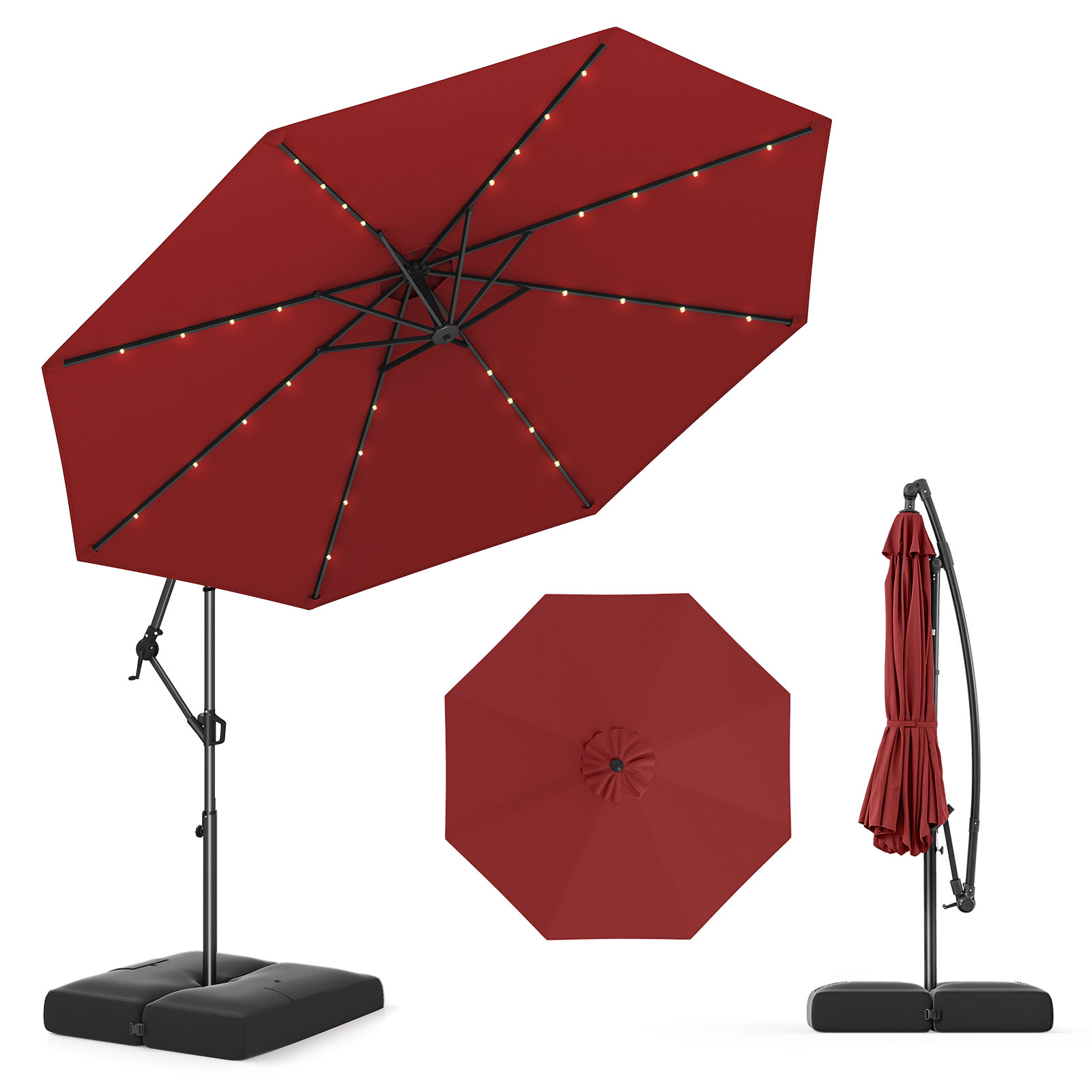 Gymax Parasol Suspendu Déporté Solaire de 10 Pi pour Patio avec 32 Lumières DEL Rouge