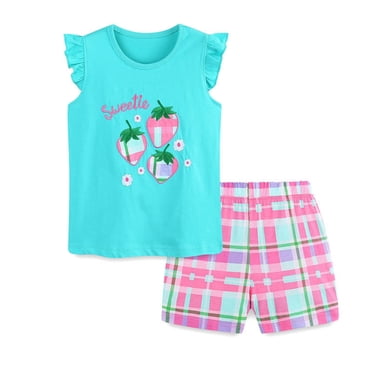 HNMKIU Ensemble pour Filles Ensemble pour Enfants Filles Été T-Shirt à Manches Volantées à Imprimé de Dessins Animés Hauts et Shorts à Carreaux Tenue 2 Pcs Ensemble de Vêtements Vêtements pour Enfants