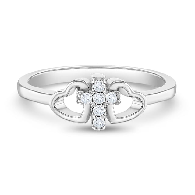925 Sterling Silver Girl's Size 4 Religious Tiny Cross Cubic Zirconia Heart Ring