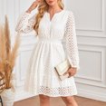 thumbnail image 1 of Gspmoly Robes pour Femmes, Robe à Manches Longues pour Femmes à Col en V Ajourée avec Oeillets Brodés Plissée, Robe à Manches Longues à Col en V Longueur Genou, Robes de Vacances pour Femmes Offres des Fêtes, 1 of 3