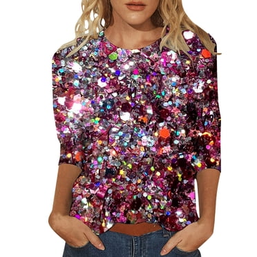 Multicolor Sequin Tops For Women, 3/4 Women's Tops, Sparkly Crew Neck Blouse Short Sleeve Top, Perfect for Party, Going Out & Casual Wear, Pink Purple Blue Black Yellow Green For Choose