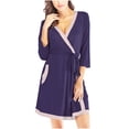 thumbnail image 1 of Timegard Robe for Women Color Block Belted Waist V Neck Mini Bathrobe Long Sleeve Soft Comfy Sleepwear with Pockets, 1 of 4