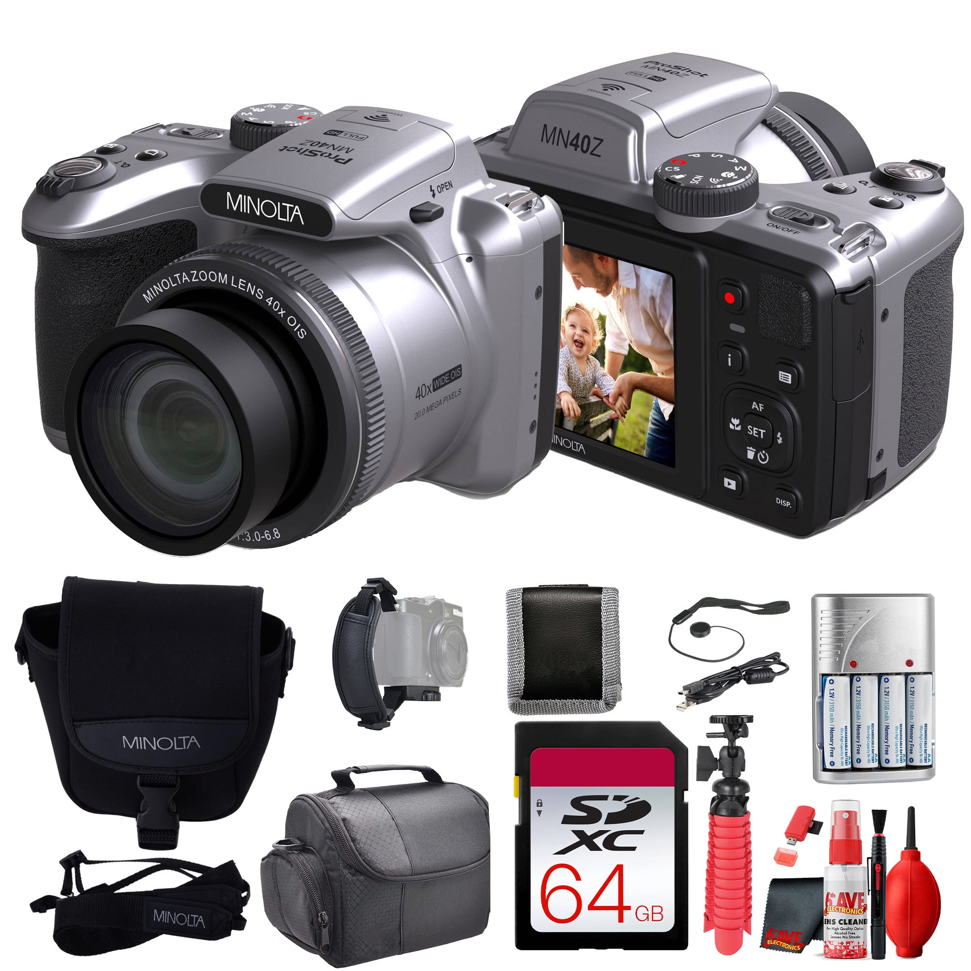 MINOLTA MN40Z 20 Mega Pixels 40x Optical Zoom Digital Camera with 1080p FHD Video, Silver, Bundle with 64GB Memory Card + Vlog Tripod + 4xAA Battery with Charger + Accessories