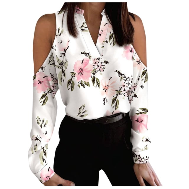 Womens Tops Long Sleeve Womens V Neck Pullover Off the Shoulder Printing Long Sleeve Tops