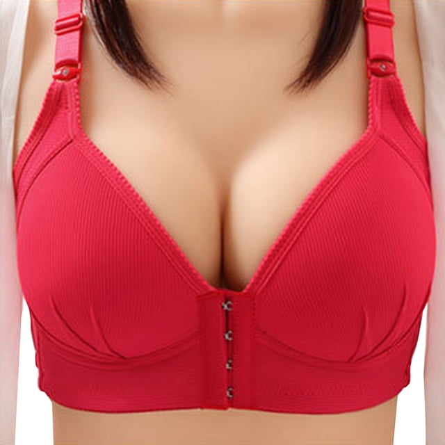 Timegard Bras for Women No Underwire Front Closure Full Support Adjustable Strap Comfort Daily Bras in a vibrant red color. This women's intimate wear features a front hook closure, adjustable straps, and a flexible cup design for enhanced comfort and support. Made from breathable, stretchy fabric, it provides a smooth fit and is ideal for daily wear under various outfits, including t-shirts and blazers.
