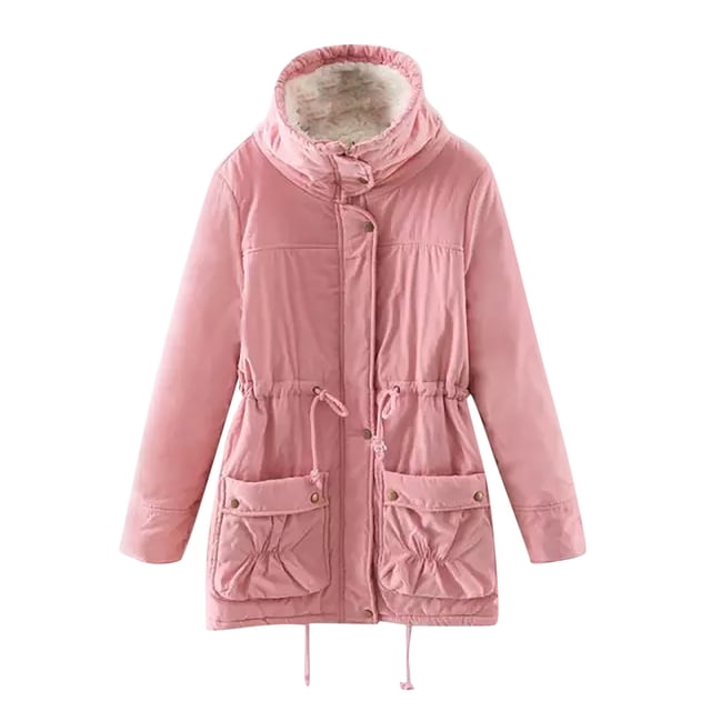 IROINID Women's Mid-Length Anorak Jacket Coat in pink, featuring a solid color design with long sleeves, button closure, and two front pockets. The jacket includes a drawstring waist for a tailored fit and a fleece-lined interior for added warmth. Made from lightweight polyester, it is suitable for casual, daily, or outdoor occasions during autumn, spring, or winter.
