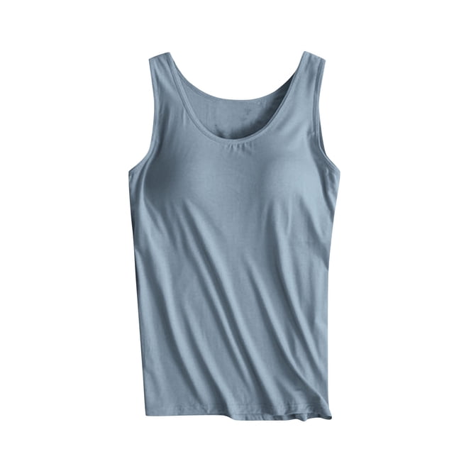 UPPADA Débardeurs pour Femmes en Modal Rembourré avec Soutien-Gorge Intégré, Col Rond, Camisole Sans Manches avec Soutien-Gorge Sans Armatures, Chandails Ajustés Décontractés, T-Shirt, Grande Taille, Hauts Confortables, Débardeurs d'Été pour Femmes 2025 Bleu Pâle, L