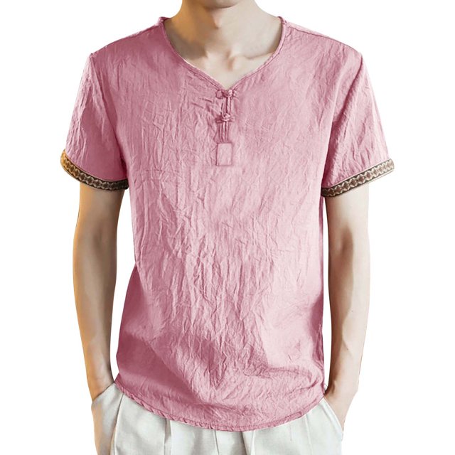 BOBOGOJP T-Shirts pour Homme Manches Courtes Henley T-Shirts Ajustés Col Rond Hauts Chemises (Rose,4TG)