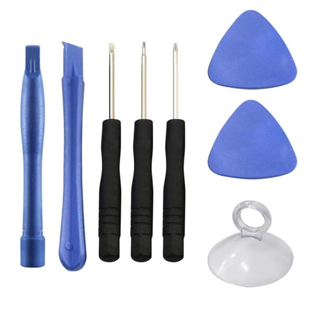 Binwennn Carpentry Set 8 in 1 Cell Phone Opening Pry Tool Kit Smartphone Screwdriver. The set includes three screwdrivers (0.8, 1.5mm, and 2.0mm slotted), two blue disassembling sheets, two blue disassembling sticks, and a transparent suction cup. Designed for disassembling iPhones and Android phones, the tools are made of durable metal and plastic materials. The kit is multicoloured and comes in sealed pockets for easy storage.