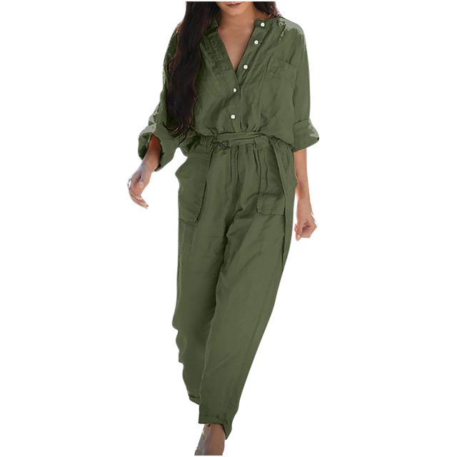 Pants For Women Women's Spring And Autumn V-Neck Solid Color Long Sleeve Pocket Belt Button Cargo Jumpsuit