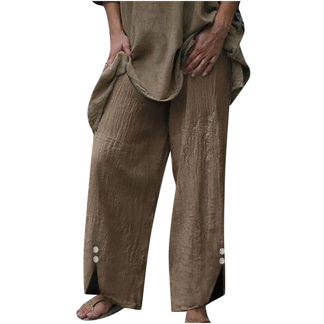 Diufon Wide Leg Pants for Women Button Down Cotton Linen Straight Pants Casual Solid Color Side Split Trousers