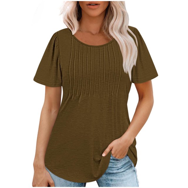 AherBiu Tuniques pour Femmes Amples Décontractées à Manches Courtes Couleur Unie Confortables d'Été à Col Rond Blouse T-Shirts