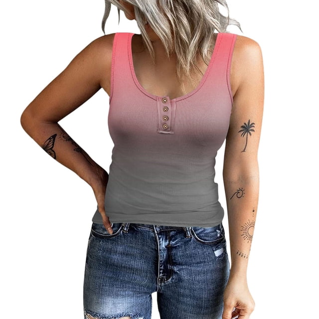 Mrat Women Summer Stretch Slim Round Neck Ribbed Tank Basic Gradient Tops Racerback Tank Tops for Women S-30 Red-A L