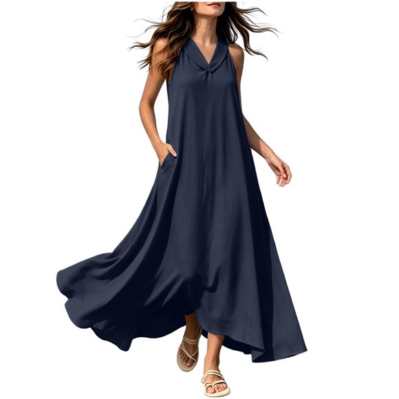 JIA JIA SHUANG Women Halter Dress Casual Sleeveless Vacation Beach Dress Fashion Solid Flowy Long Dress for Outdoor Travel(Navy,Medium)