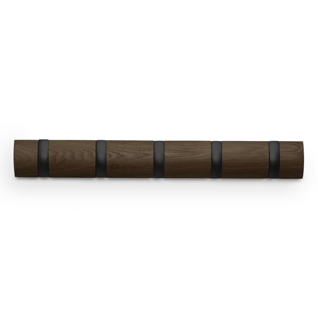 Umbra Flip Wall Mounted Coat Rack in black and walnut finish with six retractable hooks on a slim wooden rail, designed for space-saving storage of coats, scarves, and bags in entryways or closets.