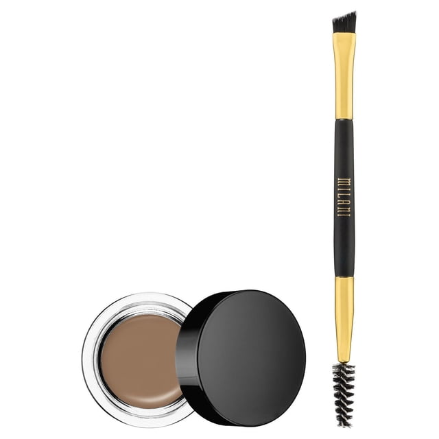 Milani Stay Put Brow Color eyebrow pomade in a clear glass jar with black lid, paired with a dual-ended brush featuring an angled tip and spoolie for precise brow shaping and grooming with long-lasting, buildable coverage.