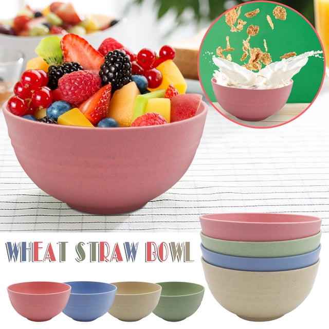 FHBVT 4-Pack Kids Straw Bowl made from natural straw fiber, shown in pastel colors like pink, blue, green, and beige. These lightweight, non-breakable bowls feature a non-slip threaded design, ideal for soups, cereals, and snacks. The image showcases their stackable design and use for serving fresh fruit and cereal. Dishwasher and microwave safe up to 248°F, these eco-friendly bowls are perfect for toddlers, camping, and everyday meals.