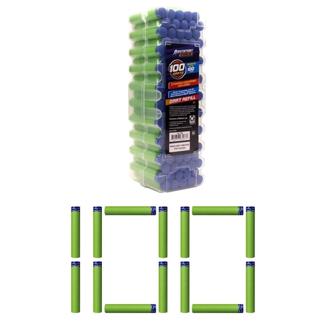 Adventure Force 100-Dart Refill pack featuring a clear plastic storage container filled with green foam darts with blue grid tips, displayed vertically, with 20 darts arranged below to form the number '100'. Compatible with all Adventure Force and most major brand blasters, ideal for outdoor foam dart play.