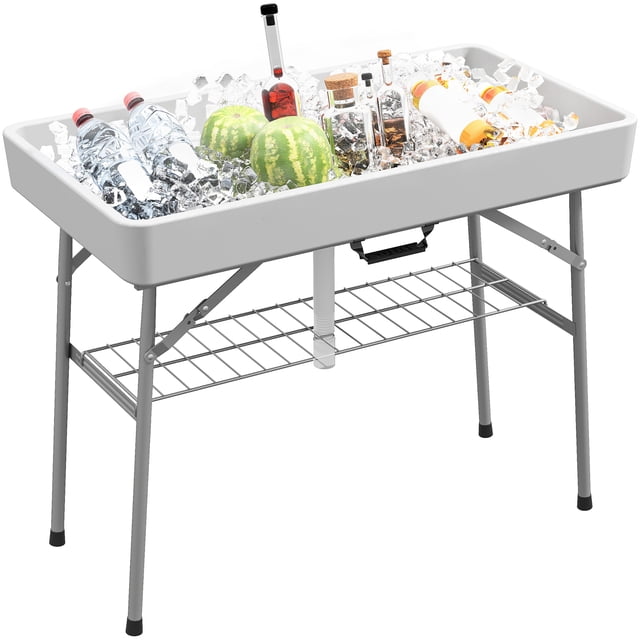 Outsunny 3.4ft Folding Party Cooler for Drinks, Outdoor Cooler Table, White. This cooler table features a durable white HDPE surface with a built-in drainpipe for easy cleaning and a lower metal storage shelf for added convenience. Its foldable design allows for easy transport and space-saving storage. Perfect for outdoor gatherings such as barbecues, weddings, and tailgates, it keeps beverages chilled and accessible. The sturdy powder-coated steel frame supports up to 110 lbs on the top surface.