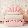 thumbnail image 1 of Homfa Twin Bed Frame with LED Light & Storage Drawer, Upholstered Platform Bed with Adjustable Petal Headboard, Pink Velvet, 1 of 8