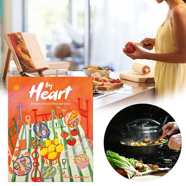 Clearance Sales! DomFun By Heart: Recipes To Hold Near And Dear Different Recipe Books. The image showcases the book cover with a colourful illustration of a table set with food and drinks. A kitchen scene in the background shows a person slicing a tomato, with fresh ingredients and a cookbook on a stand. An inset highlights a stovetop with a pan of food being cooked, surrounded by fresh vegetables.