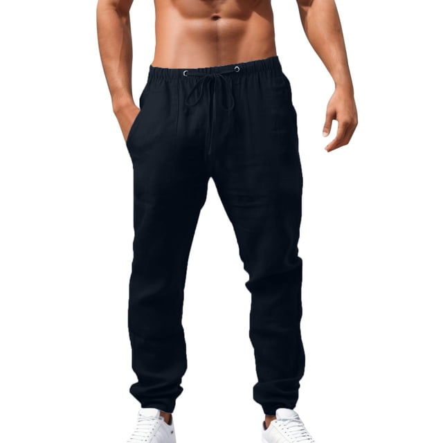 Mens Casual Linen Pants Loose Fit Elastic Drawstring Waist Straight-Legs Summer Yoga Beach Long Pants