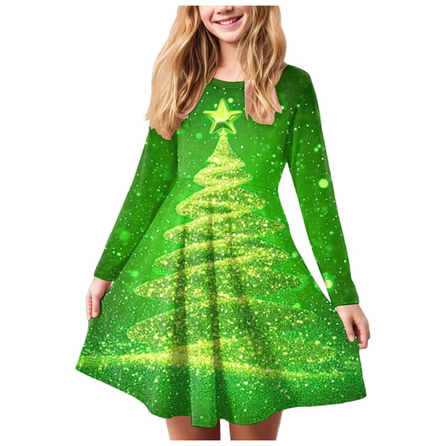 Splozh Robe Fille Manches Longues Noël Robe de Fille Imprimé de Noël Bal Fête Fête de Noël Robes de Fille Vert, 17-18 Ans