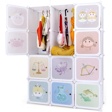 OLAKIDS Children Wardrobe, Kid Closet Portable Baby Dresser Cute for Kids Bedroom Nursery Armoire with Doors 12 Cube 2 Hanging Sections, Kid Clothes Storage Organizer