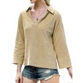 thumbnail image 3 of Women Pocket Long Sleeve Stand Collar V Neck Solid Color Shirt, 3 of 7