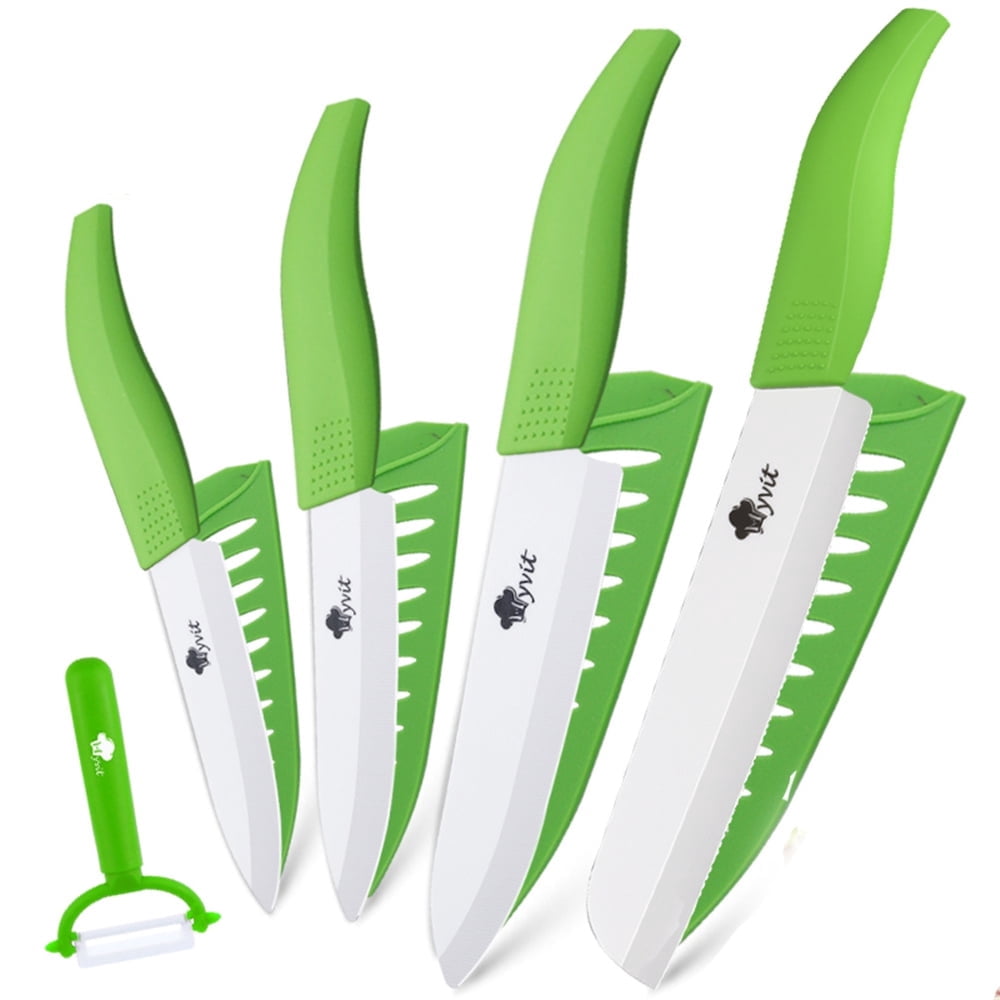 Kitchen Knives with Peeler Set of 4, Ceramic Blade Knife 6inch Serrated Bread Knife,6inch Chef Knife, 5inch Utility Knife and 4inch Paring Knife