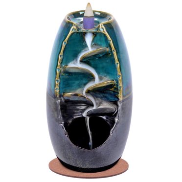 Brûleur d'Encens en Céramique à Reflux, Décoration d'Ornement d'Aromathérapie avec 120 Cônes d'Encens à Reflux + 30 Bâtonnets d'Encens, Ensemble Bleu