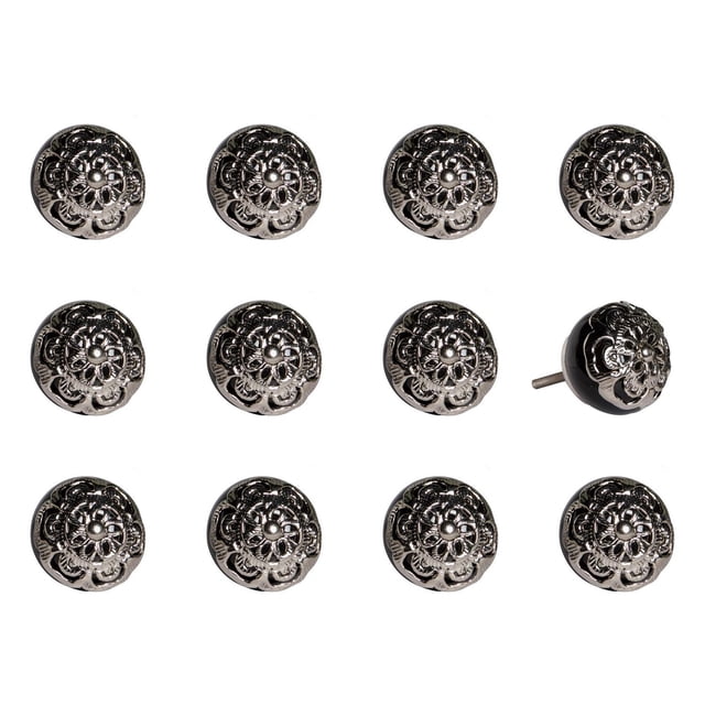 KNOB-IT VINTAGE HANDPAINTED CERAMIC KNOBS (12-Pack) KI1230 featuring twelve handpainted ceramic cabinet knobs with an antique floral metallic silver design, arranged in three rows on a white background, one knob shown from the side with a visible bolt for easy installation, ideal for cabinets, drawers, and furniture updates.