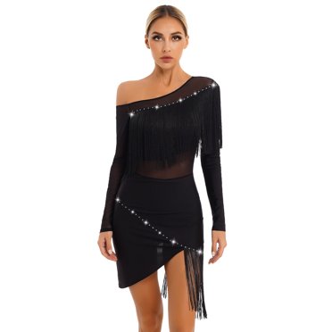 Sinleey Women's Off Shoulder Tassel Latin Dance Costume Rhinestone Fringe Tango Salsa Cha Cha Dance Dress Black M