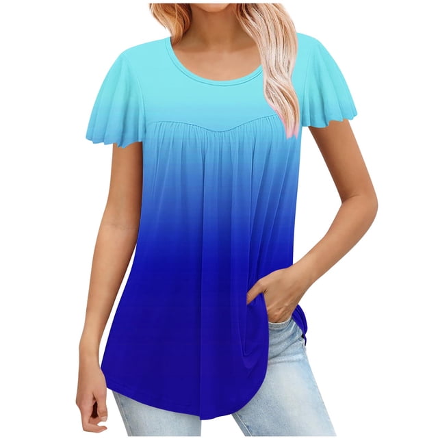 Besolor Hauts d'Été pour Femmes Tendance Dégradé Plissé Manches Courtes Chemises Décontractées Grande Taille Col Rond Blouse Habillée