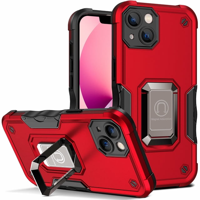 SuperShield Étui Defender iPhone 14 Rouge, Étui Rigide Ajustée avec Coins Coussinés, Côtés Flexibles et Technologie Anti-Rayures. Comprend un Béquille en Métal pour Visionner Mains Libres, des Aimants Intégrés pour la Recharge Sans Fil, et une Feuille Magnétique en Métal pour la Compatibilité avec Support de Voiture. Idéal pour Protéger et Améliorer Votre iPhone 14.