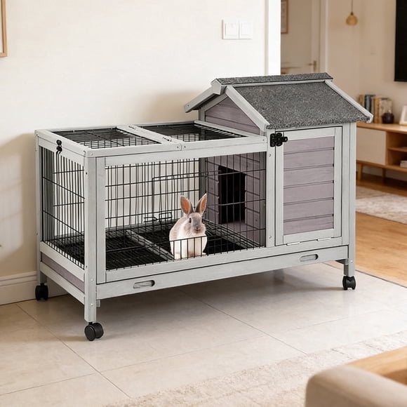 Aivituvin 38" Mobile Rabbit Hutch with Removable Wire Floor, Wooden Bunny Cage on 4 Wheels with Deep Leak-Proof Plastic Tray, Indoor Outdoor Guinea Pig House, Gray