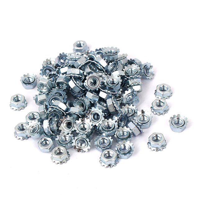 Unique Bargains M3 Female Thread Zinc Plated Kep Hex Star Lock Nut, a set of 100 silver-tone nuts made of carbon steel with external tooth design. Features include hex head style, 3mm height, 5mm hex width, and 7mm external tooth diameter. A versatile hardware accessory suitable for machinery, furniture, electronics, and sports equipment.