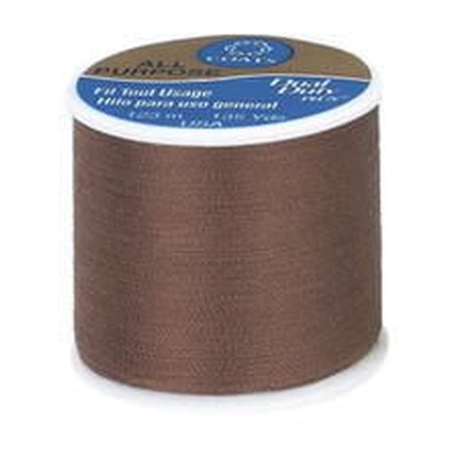 Coats & Clark All Purpose Polyester Thread spool in brown, 123 metres long, made of 100% polyester covered polyester for strength, suitable for hand and machine sewing on knits, woven fabrics, and various fibres, often used in craft projects requiring durable thread.