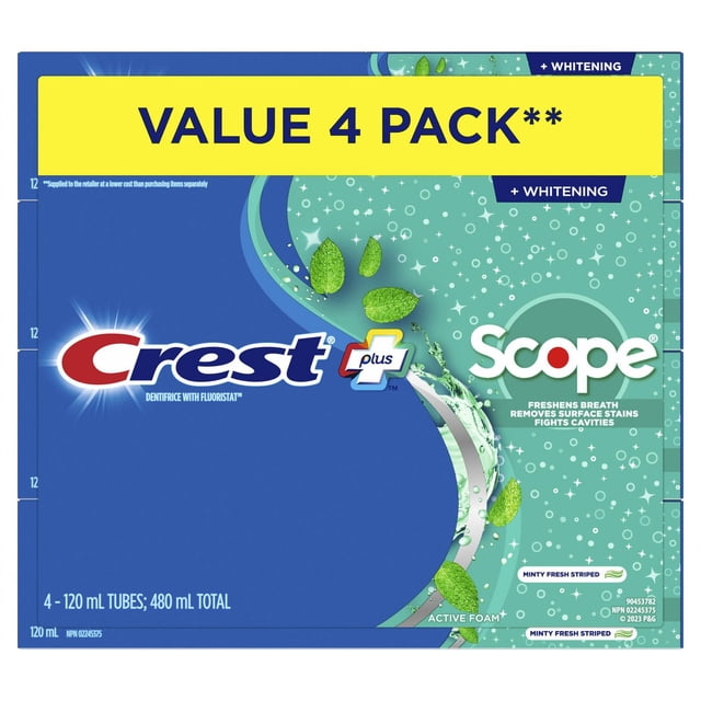 Crest Whitening Plus Scope Dentifrice Valeur Boîte de 4 avec Formule de Mousse active à Rayures Menthe Fraîche, avec Feuilles de Menthe et Emballage Bleu-Vert, Comprend Quatre tubes de 120 ml Qui Rafraîchissent l'Haleine, Enlèvent les Taches de surface et Combat les Caries avec protection au Fluorure.