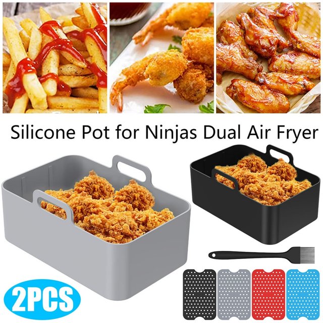 2 Pcs Pot en Silicone pour Friteuse à Air Chaud avec 4 Doublures Réutilisables Panier en Silicone de Qualité Alimentaire pour Friteuses à Double Panier