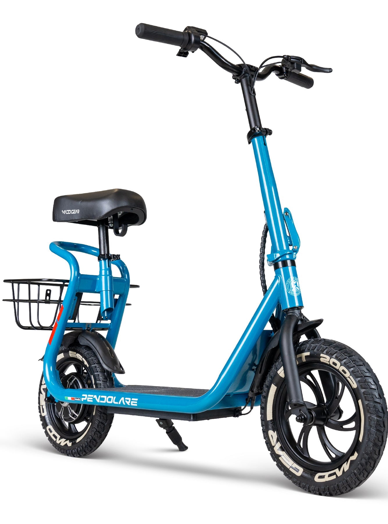 Madd Gear Pendolare Electric Scooter with Seat & Basket – 18 mile Range, 12" Tires, 350W/580W Peak Power Motor – Foldable Bar, 13 Years Plus
