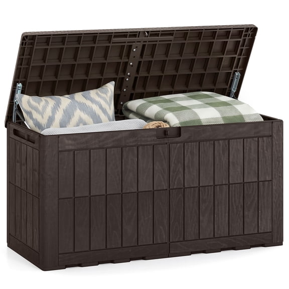 Costway Coffre de Terrasse Extérieur 100 Gal, Bac de Rangement Verrouillable Toutes Saisons avec Couvercle et Poignées Brun Foncé