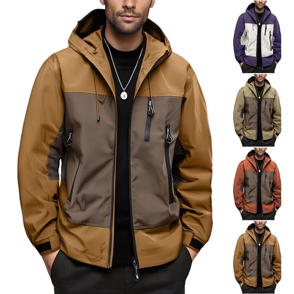 AnuYalue Men's Windbreaker Jackets Fashion Casual Color Block Hooded Jacket Fall Winter Long Sleeve Outerwear Full Zip Coat with Pocket