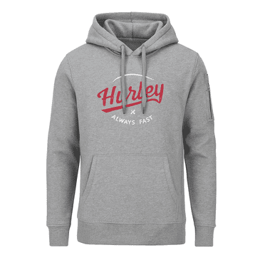 Hurley Men’s Grey Fleece Hoodie – Large – Soft Cotton Blend, Red Logo, Sleeve Pocket, Metal-Tip Drawstring