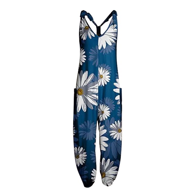 Innerwin Women's Floral Print V Neck Cross Back Jumpsuit, Blue, M