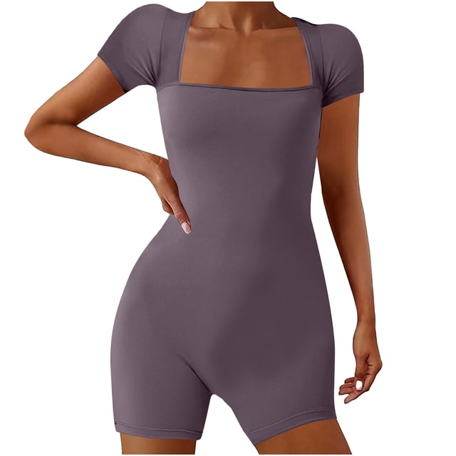 AherBiu Yoga Bodysuits for Women Square Neck Short Sleeve Slim Stretchy Workout Short Jumpsuits Rompers