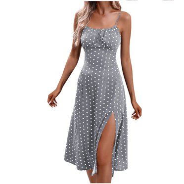 Oksale Midi Dresses for Women Spaghetti Strap Polka Dot Dress 2026 Side Split Flowy Summer Sundress Outfits Lightweight Cozy Beach Dress White S