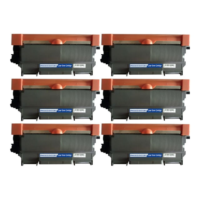 L-ink 6 Pack Compatible Toner TN450 (TN-450) showing six black laser toner cartridges with orange protective covers and blue labels reading 'Laser Toner Cartridge,' arranged in two rows of three on a white background, compatible with Brother printers and designed for clear, crisp printing.